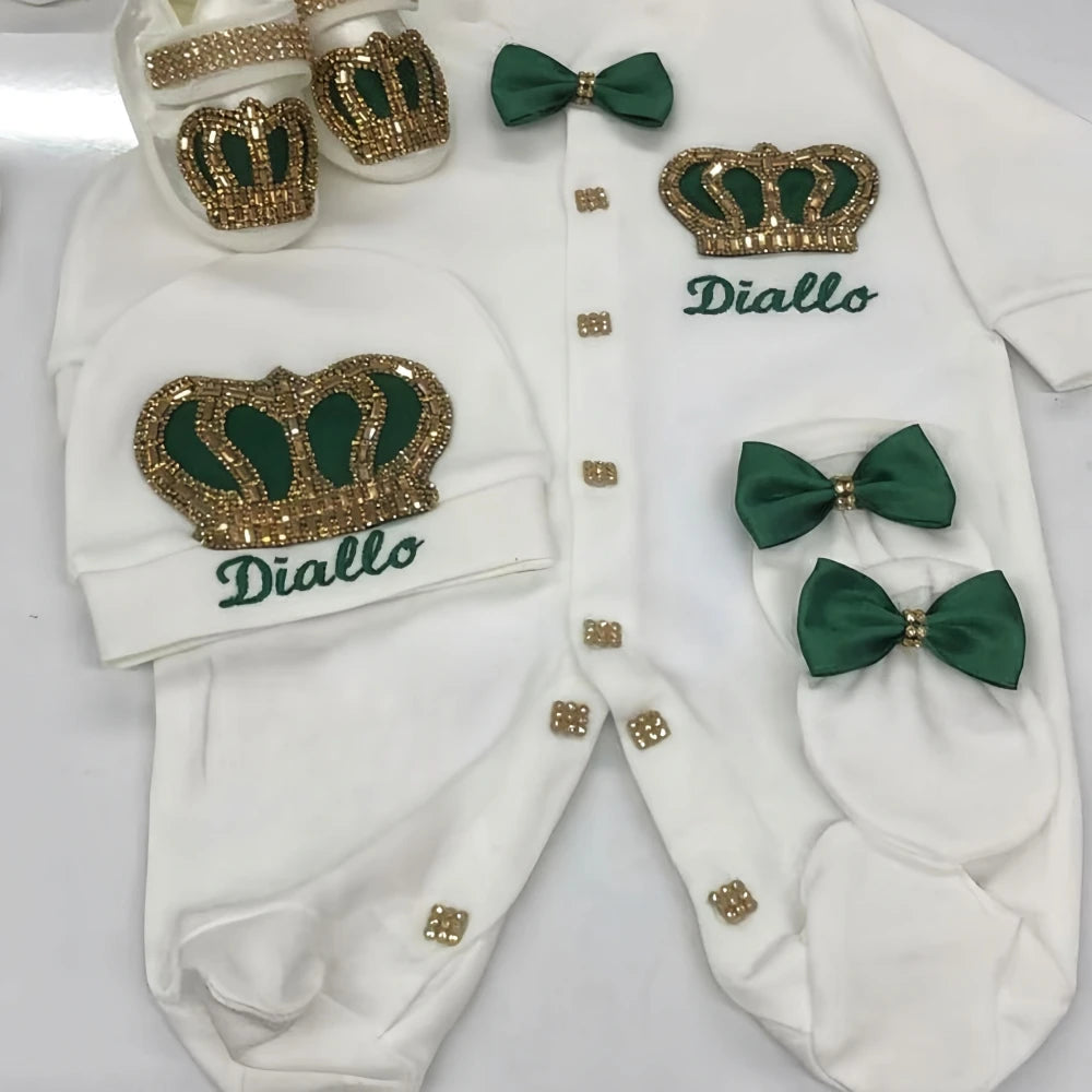 Dollbling Emerald Newborn Baby Boy Personalized Name Outfits 4pcs Welcome Home Hospital Crown Jewelry Romper Set