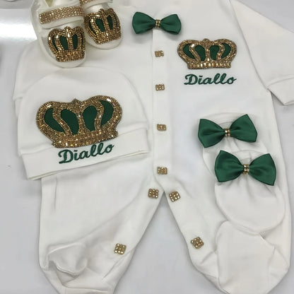 Dollbling Emerald Newborn Baby Boy Personalized Name Outfits 4pcs Welcome Home Hospital Crown Jewelry Romper Set