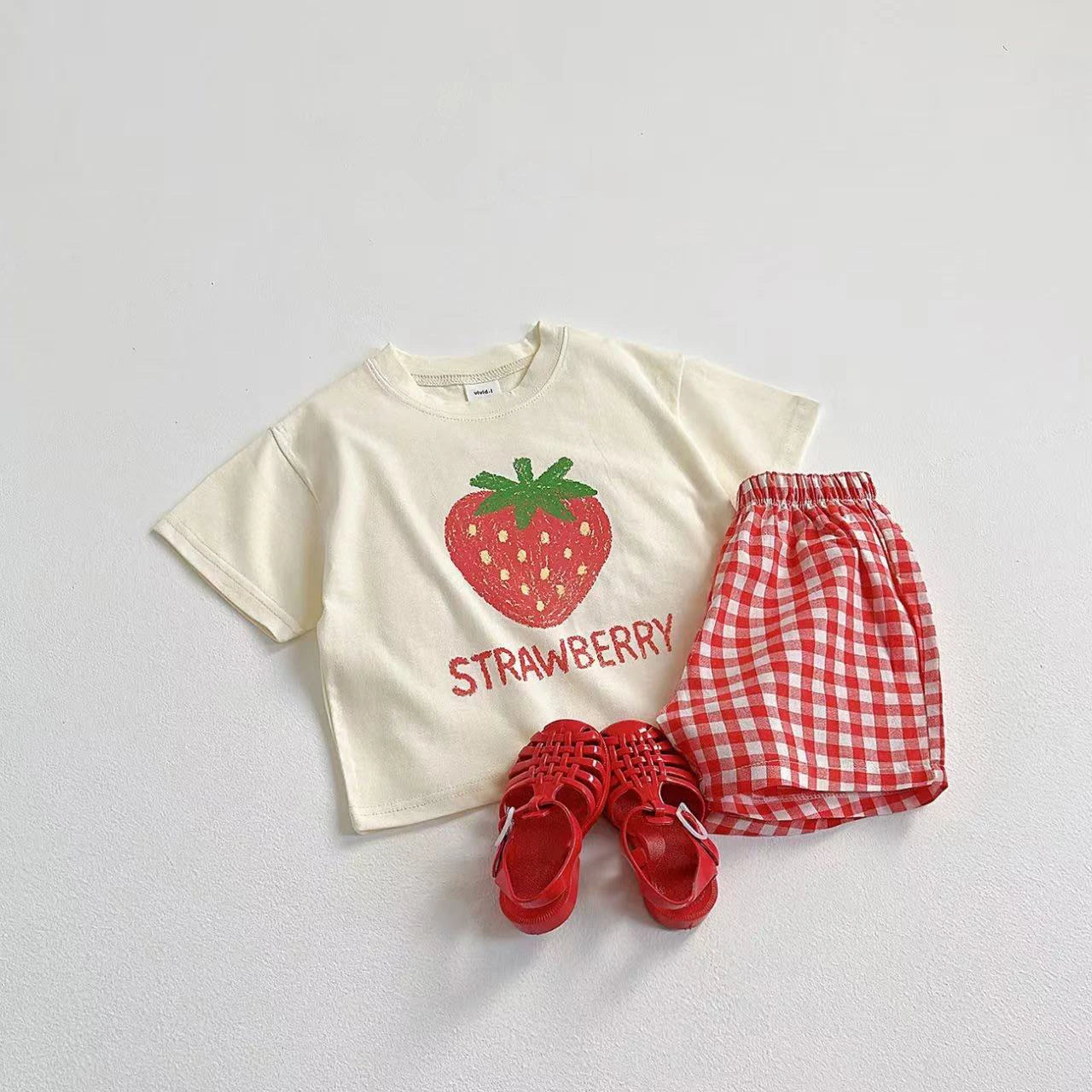 Fruit Pattern T-shirt Children's Clothes Summer Fashion Casual Short Sleeve Suit Tees + Plaid Shorts Kids Outfits