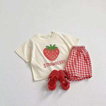Fruit Pattern T-shirt Children's Clothes Summer Fashion Casual Short Sleeve Suit Tees + Plaid Shorts Kids Outfits