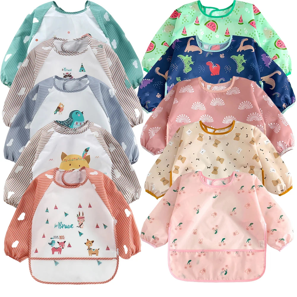 2pcs Waterproof Full Sleeve Baby Bibs Children Apron Long Sleeve Feeding Smock Kids Eating Breastplate Infant Scarf Clothing