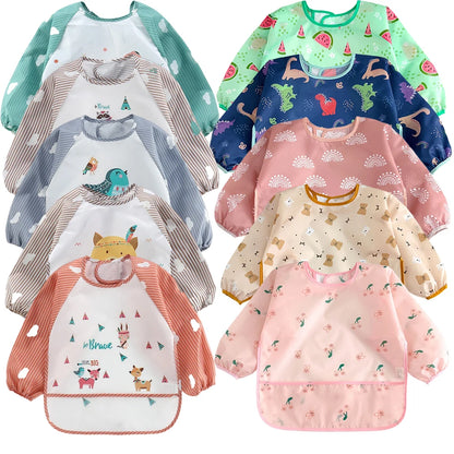 2pcs Waterproof Full Sleeve Baby Bibs Children Apron Long Sleeve Feeding Smock Kids Eating Breastplate Infant Scarf Clothing