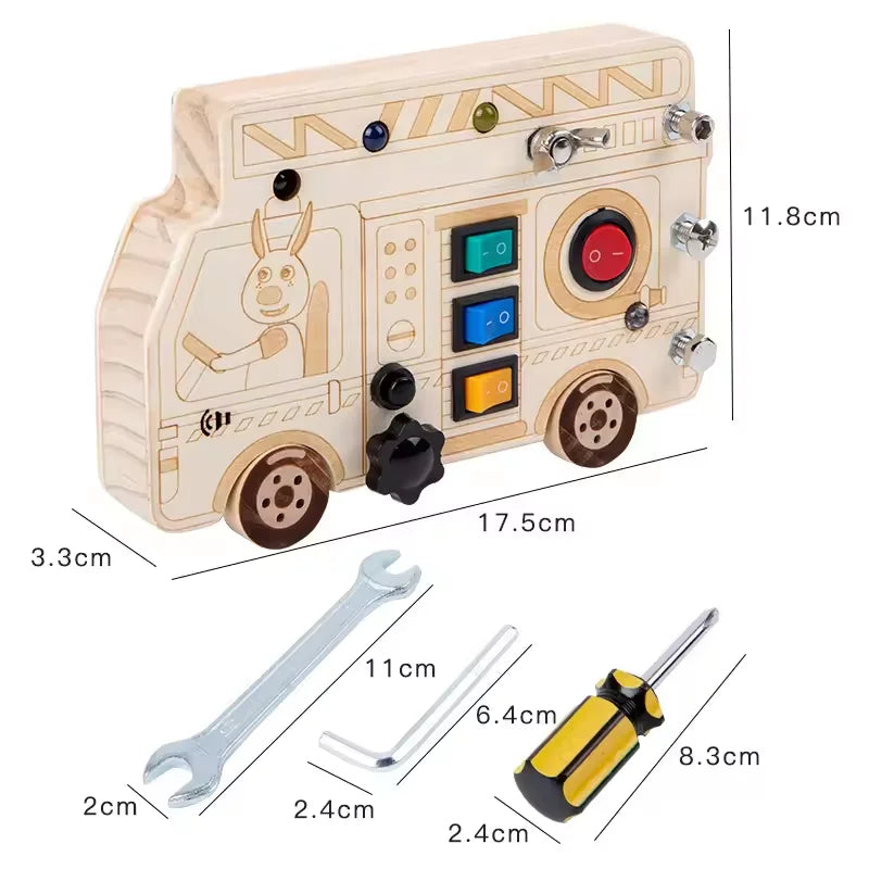 Montessori Wooden LED Light Busy Board Sensory Toy Baby Simulation Nut Screw Tool Kids Fine Motor Skills Educational Travel Toy