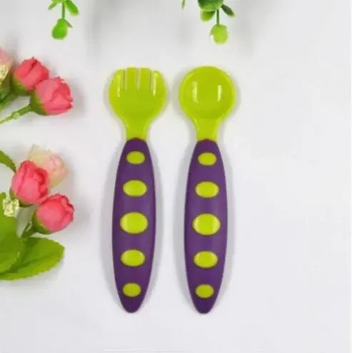 2pc Baby Spoon Fork Set Children Tableware Children Utensil Safety Tableware Infant Solid Feeding Flatware for Baby Feeding Bowl