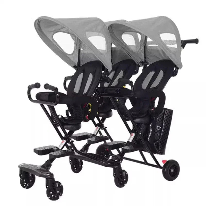 Triplet Stroller One-key Folding Detachable Universal Roller with Brake Anti-rollover Multiple Children Baby Stroller