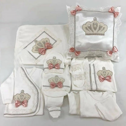 5pcs Baby Girl Outfits Set Welcome Home Hosptial Infant Receiving Blanket Pillow Bed Hat Mittens Romper Set