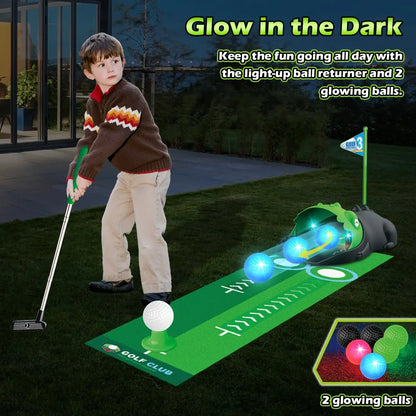 Kids Toy Golf Club Set with  LED Automatic Ball Returner, Golf Putting Mat Toddler Mini Golf Game Sports Gift for 3+  Boys Girls