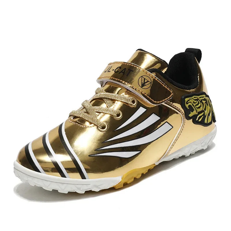 Fashion Gold Children's Shoes Outdoor Non-Slip Turf Soccer Shoes Kids HOOK&LOOP