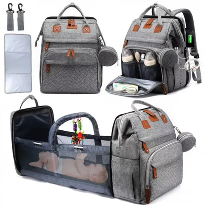 Multifunctional Diaper Backpack Changing Bag Large Capacity Folding Crib Nursing Mommy Bag for Travel