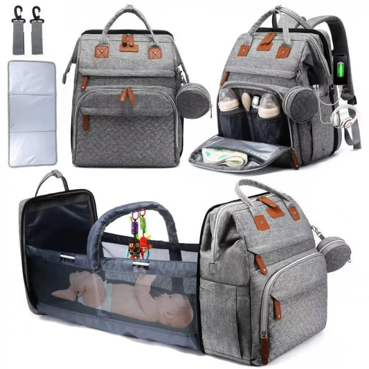 Multifunctional Diaper Backpack Changing Bag Large Capacity Folding Crib Nursing Mommy Bag for Travel