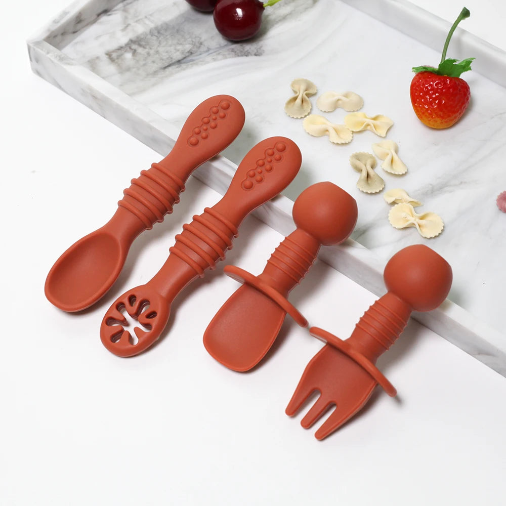 Silicone Food Grade 4pcs Baby Feeding Spoon Set Mini Small Fork and Spoon and Long Spoon Set