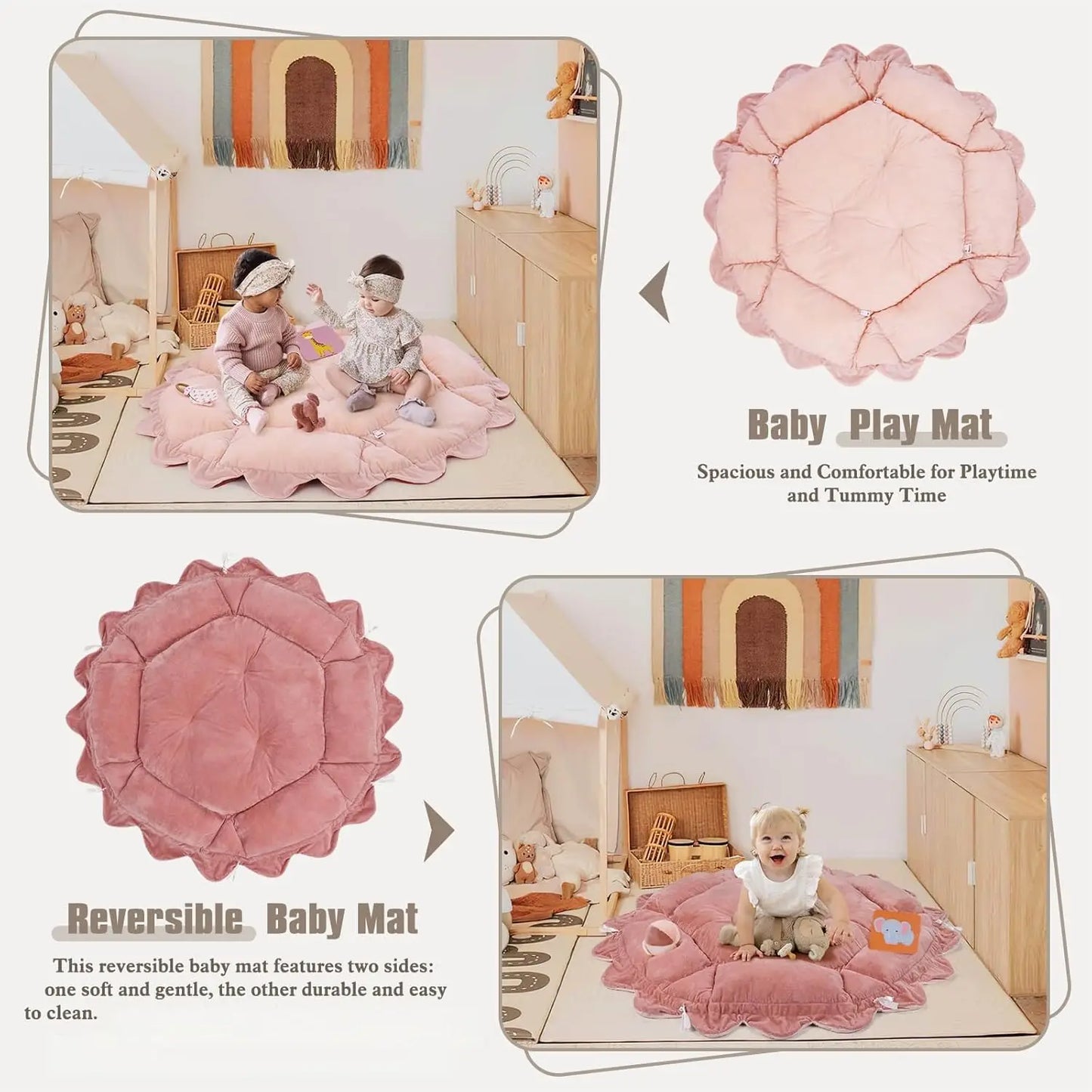 5-in-1 Plush Baby Play Gym with Convertible Mat, 6 Sensory Toys for Newborn to Toddler in Pink