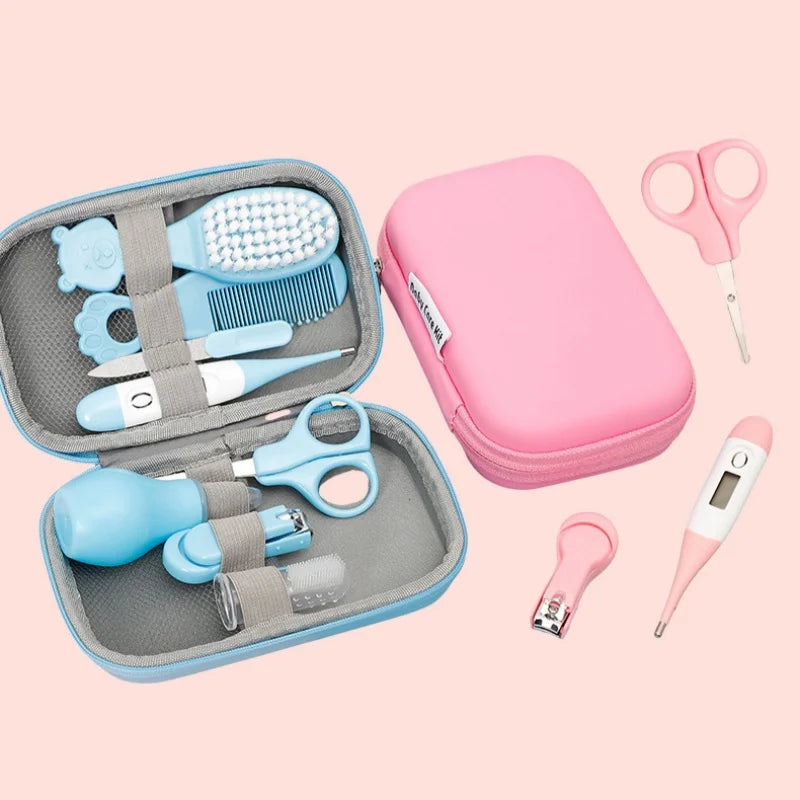 8PCS Baby Care Cleaning Set Nail Clippers Comb Head Massage Nasal Aspirator Thermometer Soft Bristle Brush Children Grooming Kit