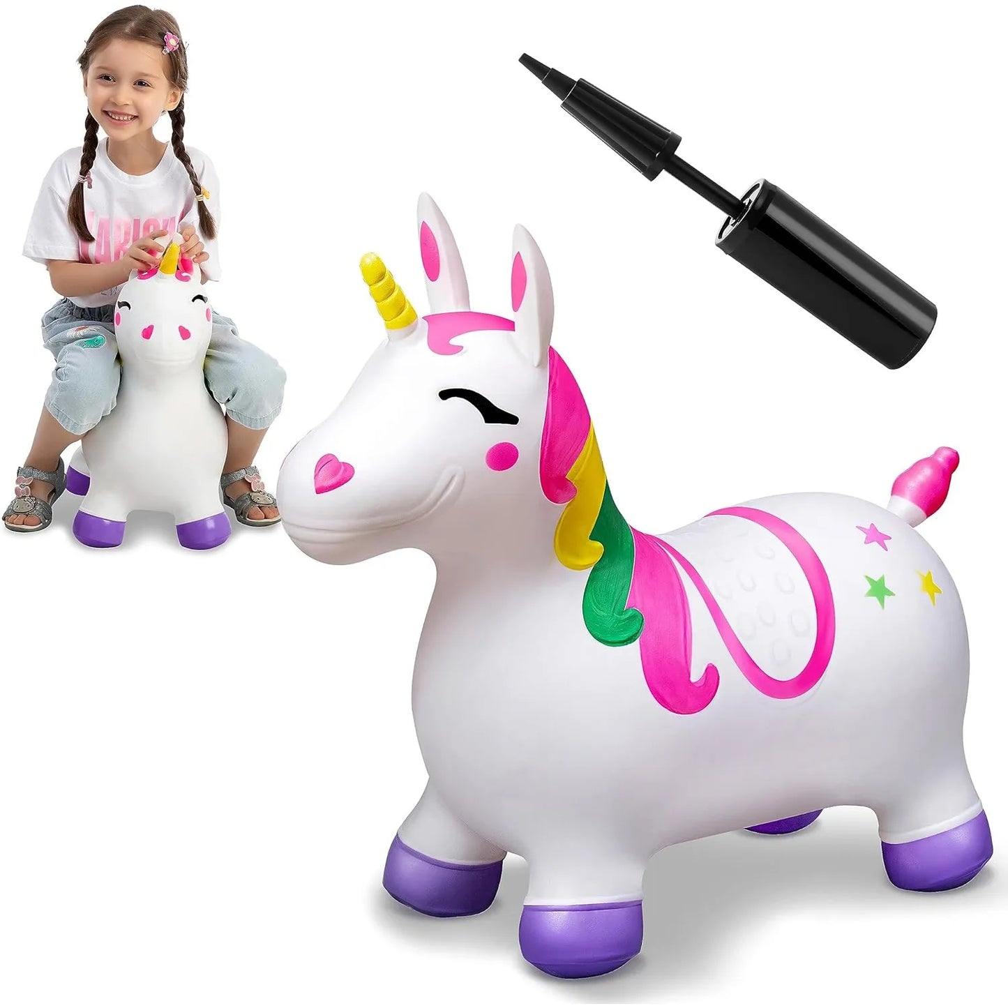 JOYFY Kids Bouncy Unicorn Horse Ride on Toys Bouncer Bouncing Animal Hopper Inflatable