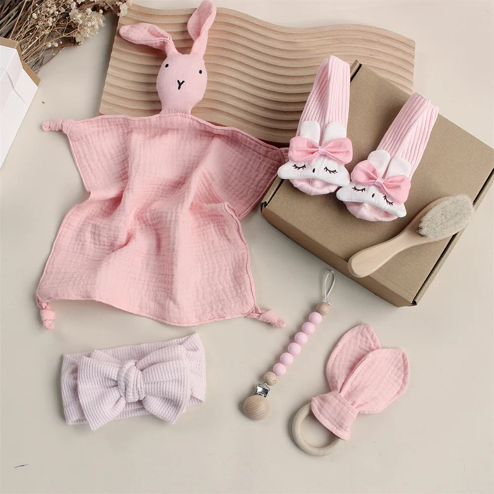 Customize The Name Newborn Gift Baby Cartoon Comfort Towel Baby Socks Mouthwash Towel Wash Box Newborn Bite Ring Headband Set