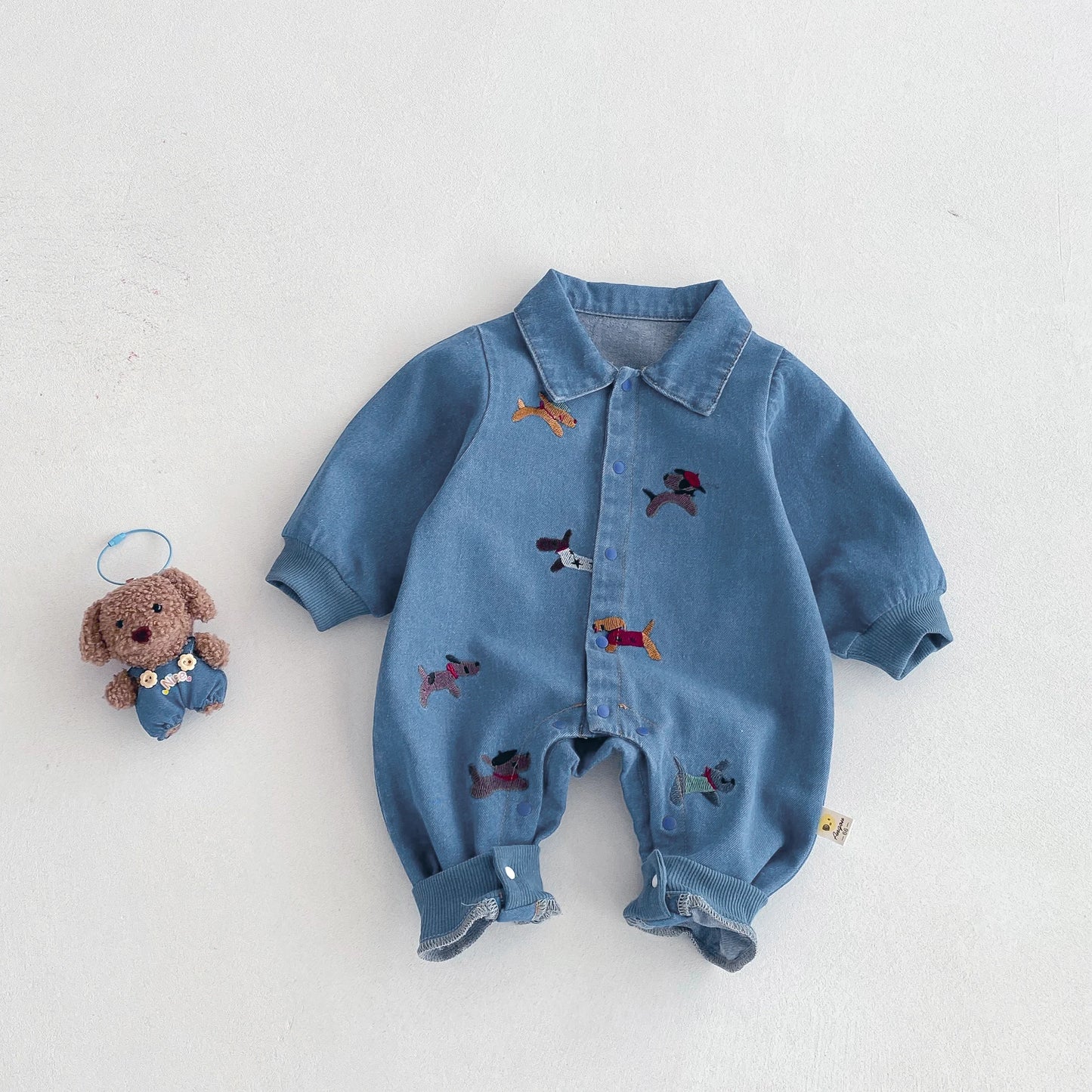 one-piece suit, denim autumn wear, embroidered outdoor crawling clothes for boys