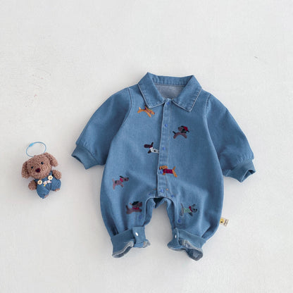 one-piece suit, denim autumn wear, embroidered outdoor crawling clothes for boys