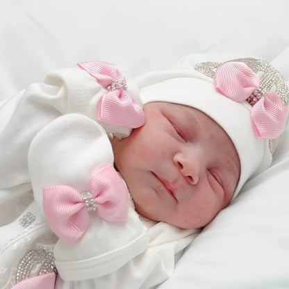 Light Pink Newborn Baby Personalized Name Outfits 4 Pieces Welcome Home Hospital Crown Jewelry Romper Set Layette