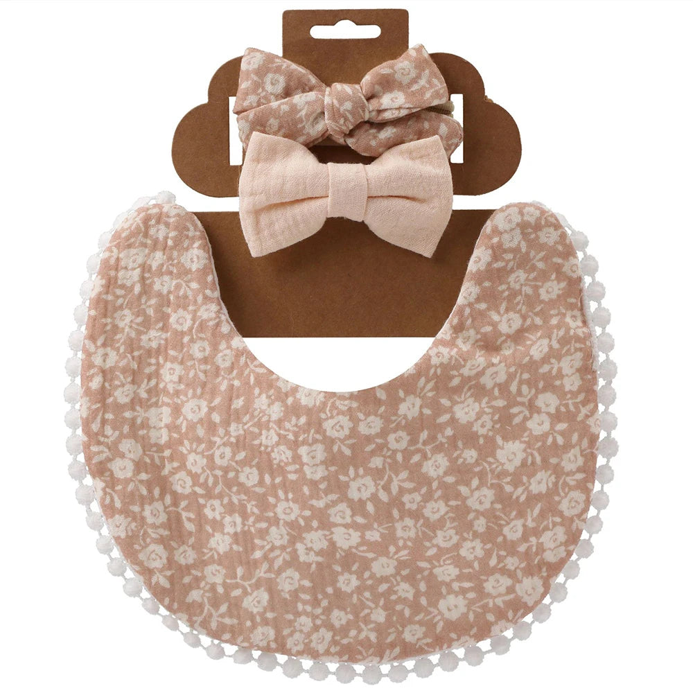 3Pcs/Set Cute Baby Girl Bibs Cotton Floral Infant Burp Cloth With Bow Headband Double Side Saliva Towel Newborn Accessories