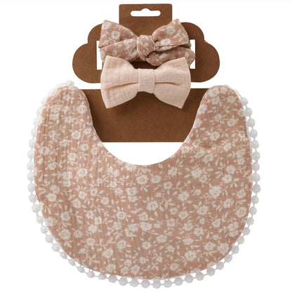 3Pcs/Set Cute Baby Girl Bibs Cotton Floral Infant Burp Cloth With Bow Headband Double Side Saliva Towel Newborn Accessories