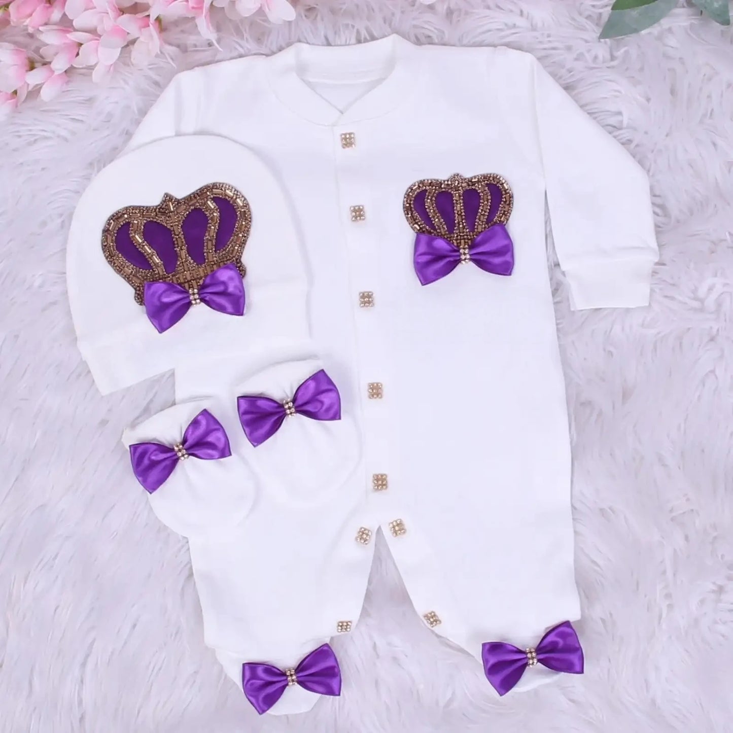 Baby Prince Welcome Home 3pcs Crown Layette Hospital Exit Newborn Outfits Swaddle Set Hello World I'm new Cotton
