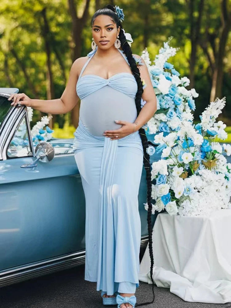 Fairy Maternity Photoshoot Halter Maxi Dress Backless Draped Gown Sleeveless Ruched Pregnancy Outfit Baby Shower Photo Clothes
