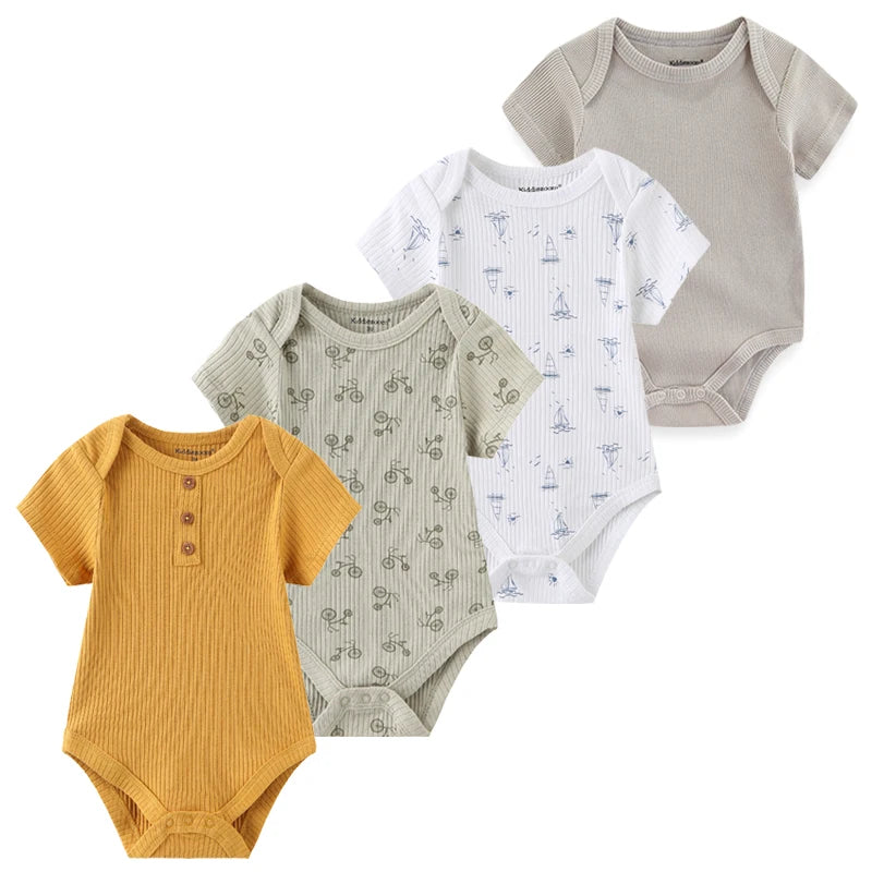 4-Piece Baby Romper Set, Soft Cotton Cartoon Print Short Sleeve Bodysuits for Newborn Boys and Girls (0–12M)