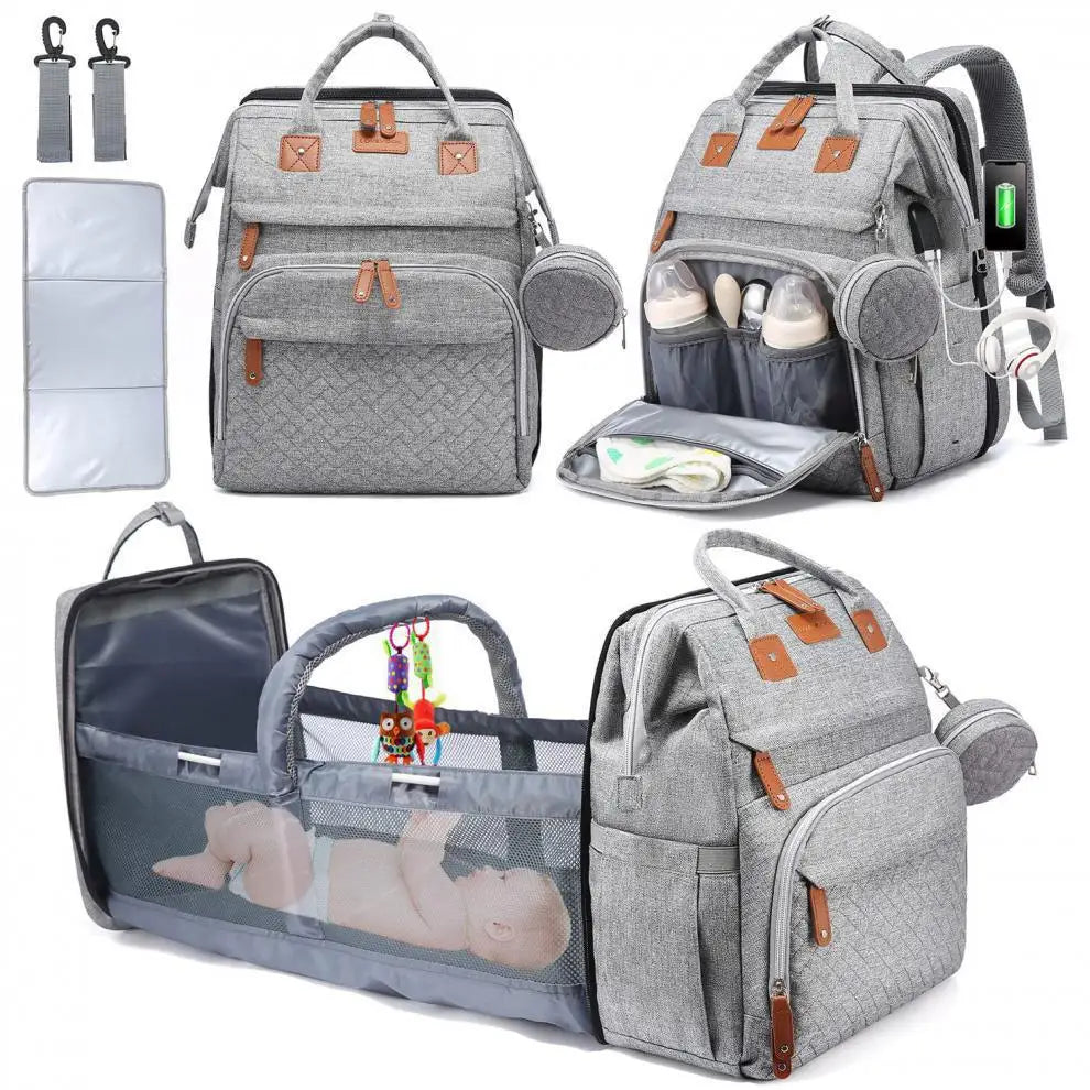 Multifunctional Diaper Backpack Changing Bag Large Capacity Folding Crib Nursing Mommy Bag for Travel
