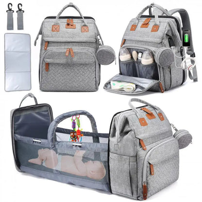 Multifunctional Diaper Backpack Changing Bag Large Capacity Folding Crib Nursing Mommy Bag for Travel