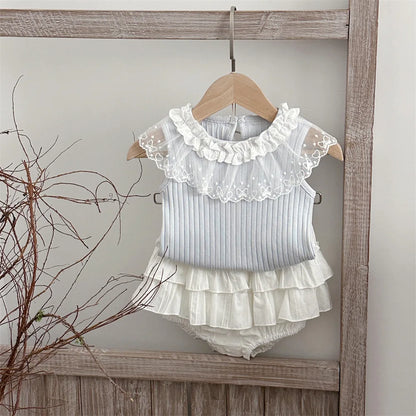 6M-2Y Summer Sweet Style Girls Set Lace Ruffle Collar Sleeveless Tee+White Ruffle Shorts 2Pcs Clothes Soft Cotton Infant Suit