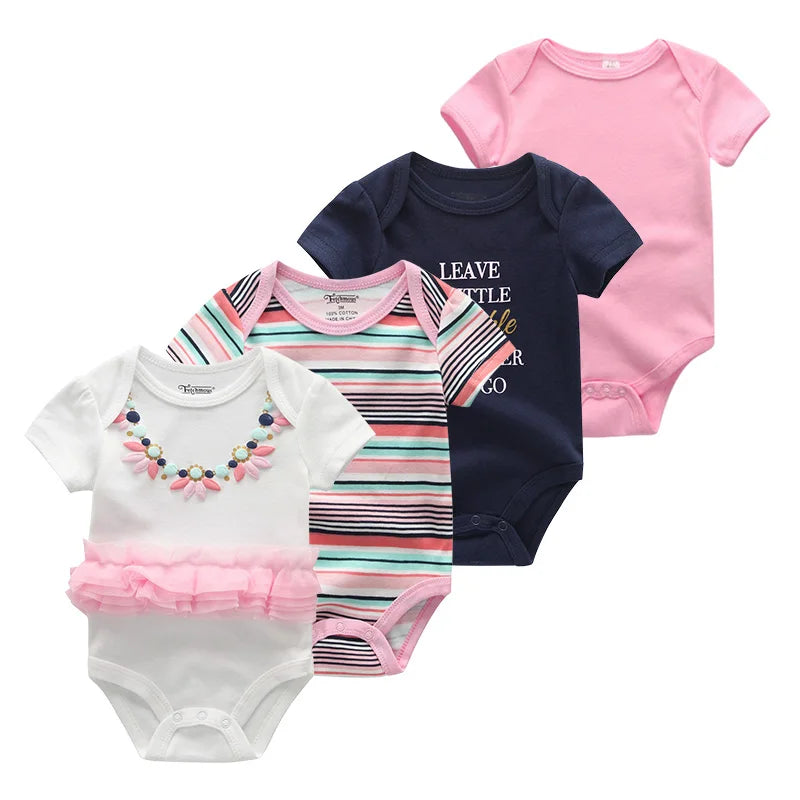 4-Piece Baby Romper Set, Soft Cotton Cartoon Print Short Sleeve Bodysuits for Newborn Boys and Girls (0–12M)