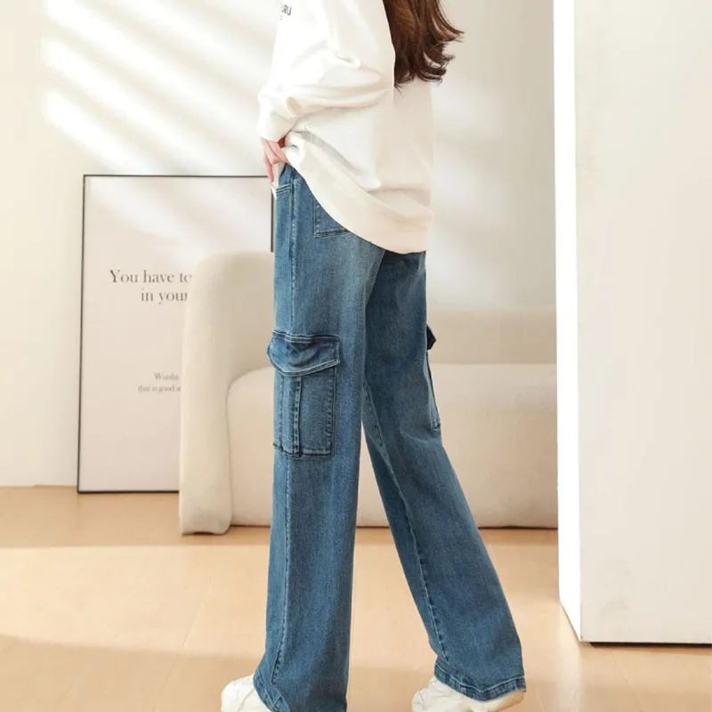 Maternity Washed Denim Jeans for Pregnant Women Clothes Elastic Waist Belly Loose Pants Pregnancy Clothing Clothe
