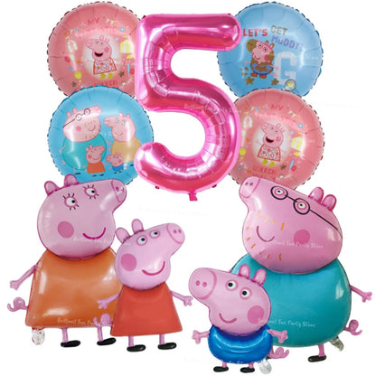 9pcs Peppa Pig Foil Balloon Set Pink Numbers Birthday Party Decoration Cartoon Family Balloons for Children's Events Baby Gifts
