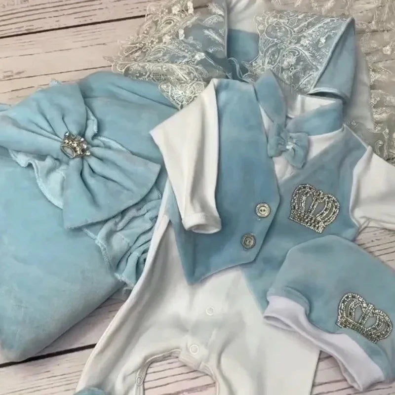 Royal Blue Velvet Baby Romper Outfits Set Welcome Home Nursery Infant Nest Luxury Crown Receiving Blanket Outfit Set