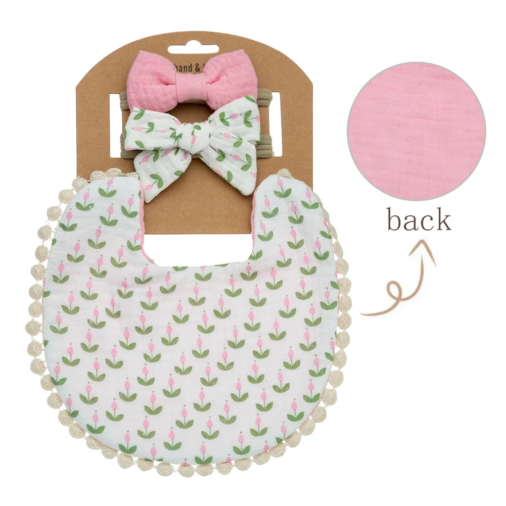 3-Piece Baby Bib & Headband Set, Double-Sided Feeding and Burp Cloth with Soft Nylon Bow Headbands
