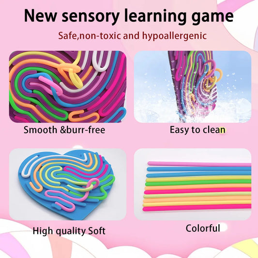 Sensory Activity Board for Kid Busy Board Motor Skills Montessori Toy Relaxing Stress Colored Silicone Rod Travel Toy Gift