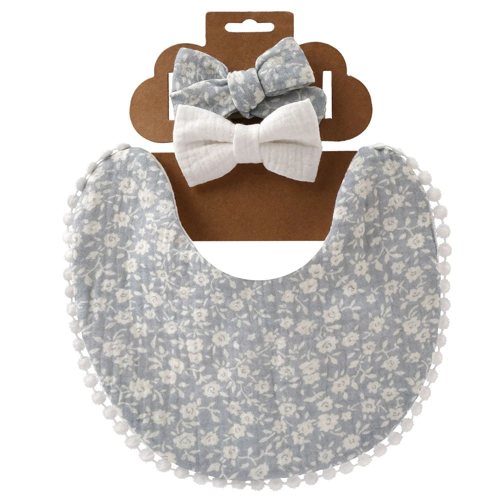 3Pcs/Set Cute Baby Girl Bibs Cotton Floral Infant Burp Cloth With Bow Headband Double Side Saliva Towel Newborn Accessories