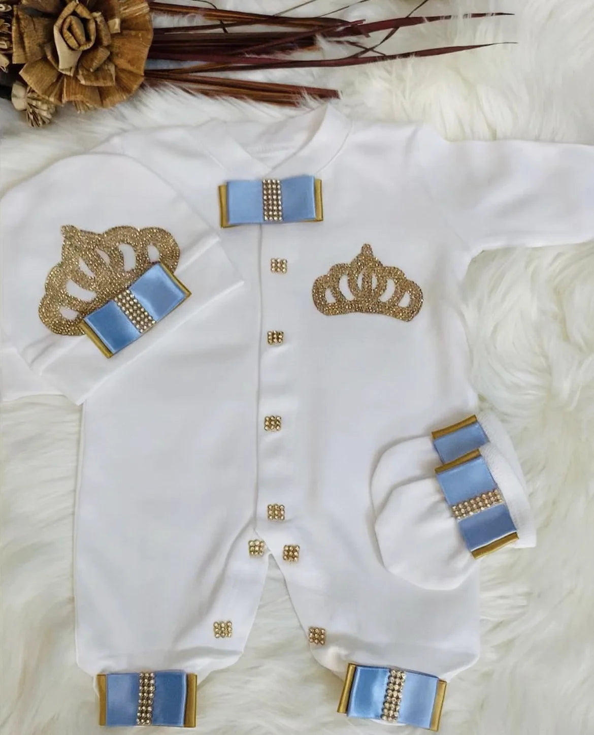 Baby Prince Welcome Home 3pcs Crown Layette Hospital Exit Newborn Outfits Swaddle Set Hello World I'm new Cotton