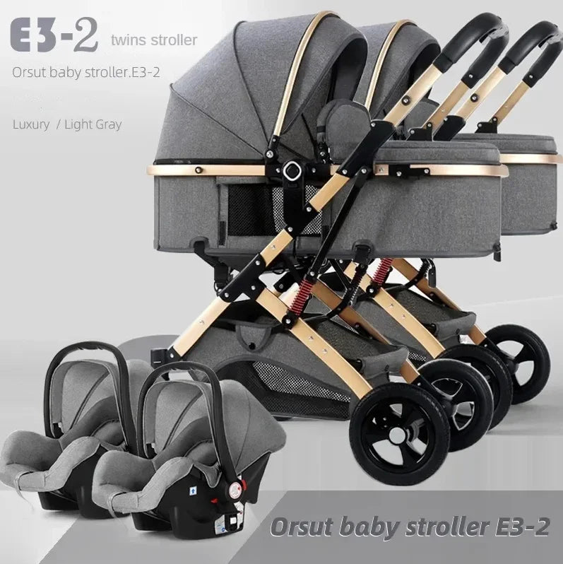 3-in-1 Twin Baby Stroller with Car Seat,portable Foldable Baby Stroller High View Newborn Baby Stroller Can Sit and Lie