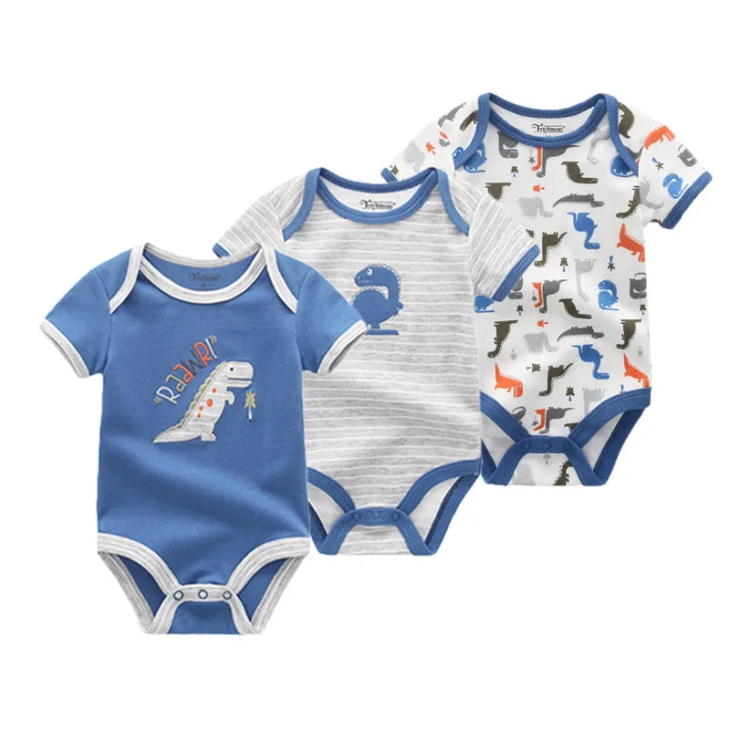 Cotton Newborn Baby Boy Clothes 3Pieces Summer 0-12M Cartoon Baby Girl Clothes Print Bodysuits Short Sleeve