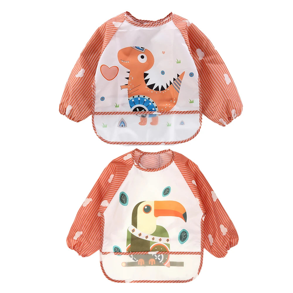 2pcs Waterproof Full Sleeve Baby Bibs Children Apron Long Sleeve Feeding Smock Kids Eating Breastplate Infant Scarf Clothing