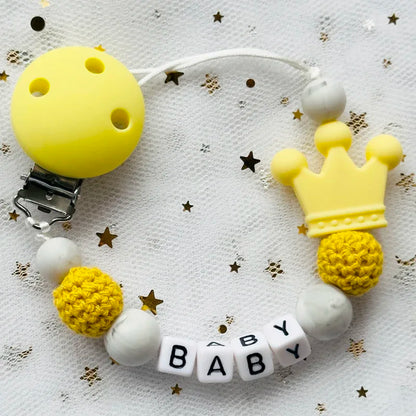 NEW Custom Personalized Name Pacifier Clip Handmade Beech Wooden Chain Silicone Crown Holder Soother Baby Teething Toy Chew Gift
