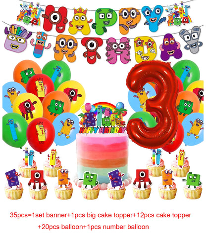 Number Birthday Decorations Building Blocks Tablecloth Banner Spiral Cake Topper Balloon for Kids Baby Shower Supplies Gifts