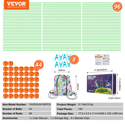 SucceBuy Fort Building Kit Children's DIY Indoor Castle Beading Stem with 96 Rods and 44 Balls Play Tent Toy for 4+ Kids Gifts