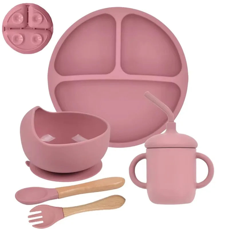 5Pcs/Set Baby Soft Silicone Tableware Kid Feeding Dishe Sucker Plate Bowl Spoon Fork Set Children Dishes Non-slip Dinnerware Set