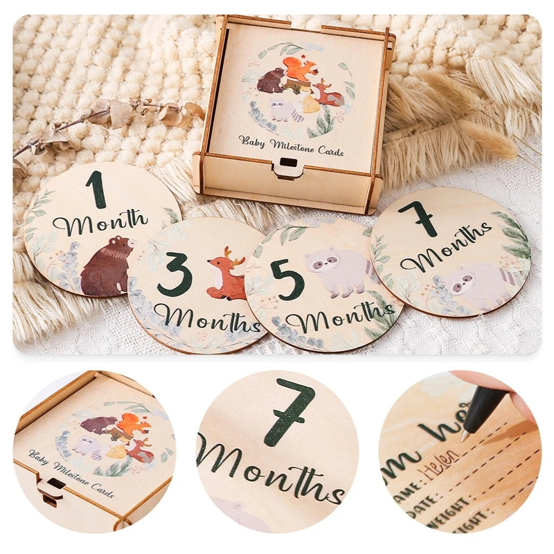 Newborn Baby Growth Milestones 0-12 Months Wooden Card With Box Photo Accessory Cartoon Animal Picture Souvenir Wooden Baby Gift