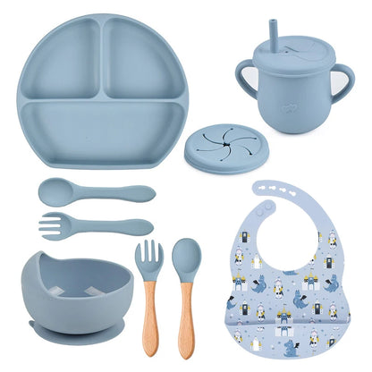 3/9Pcs Baby Tableware Set Food Grade Silicone Baby Dishes for Children's Cute Print Bib Bowl Non-Slip Plates with Sucker BPAFREE