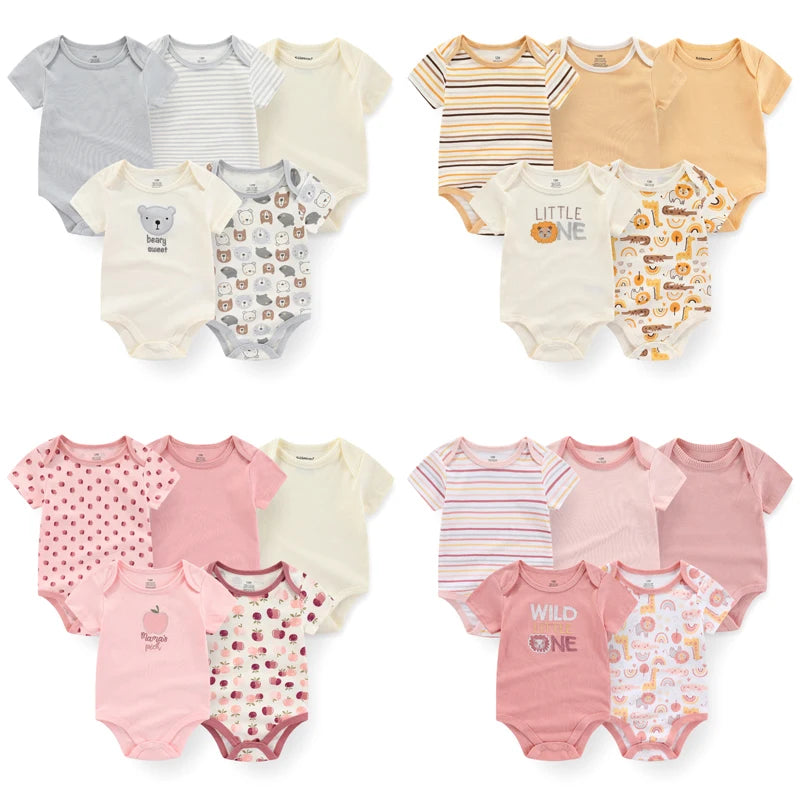 5-Piece Newborn Baby Bodysuit Set, Unisex Cotton Sleeveless Rompers with Cartoon and Solid Color Designs for Boys and Girls