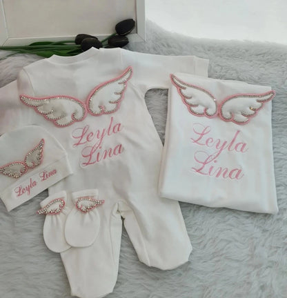 Dollbling 3pcs Wings Outfits Plus Blanket Any Name Embroidery Sweetwood Gift Set Baby Pajamas Hat Welcome Home Ceremonial dress
