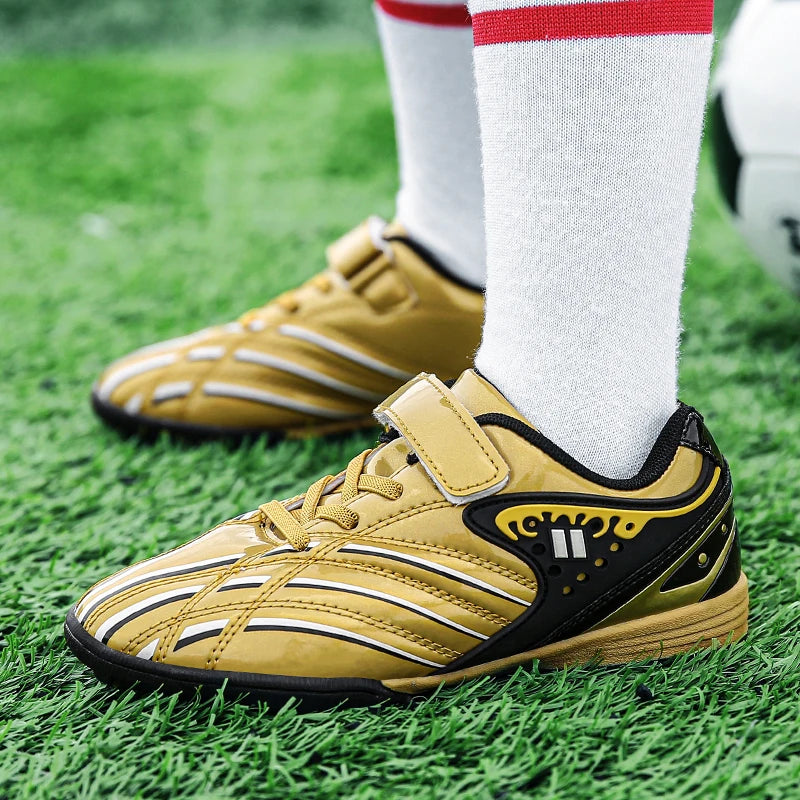 Fashion Gold Children's Shoes Outdoor Non-Slip Turf Soccer Shoes Kids HOOK&LOOP